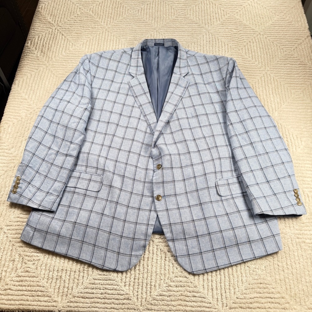 Stafford Sport Coat Men's 60 Regular Blue Linen Cotton Plaid Blazer Preppy Work